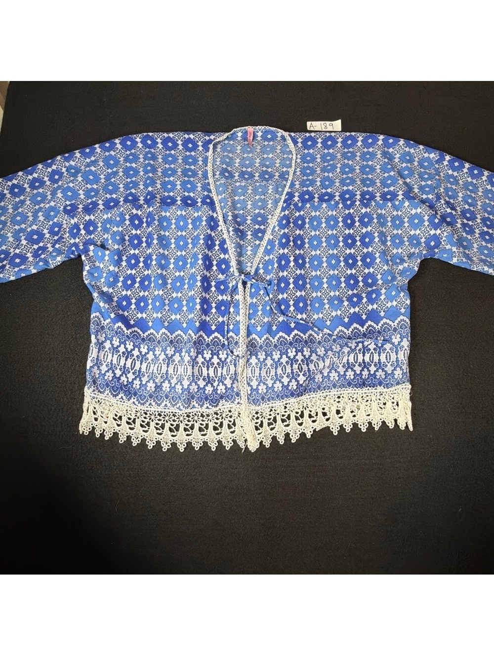 Lucy Love Women M Blue White Kimono Cardigan Boho Trim